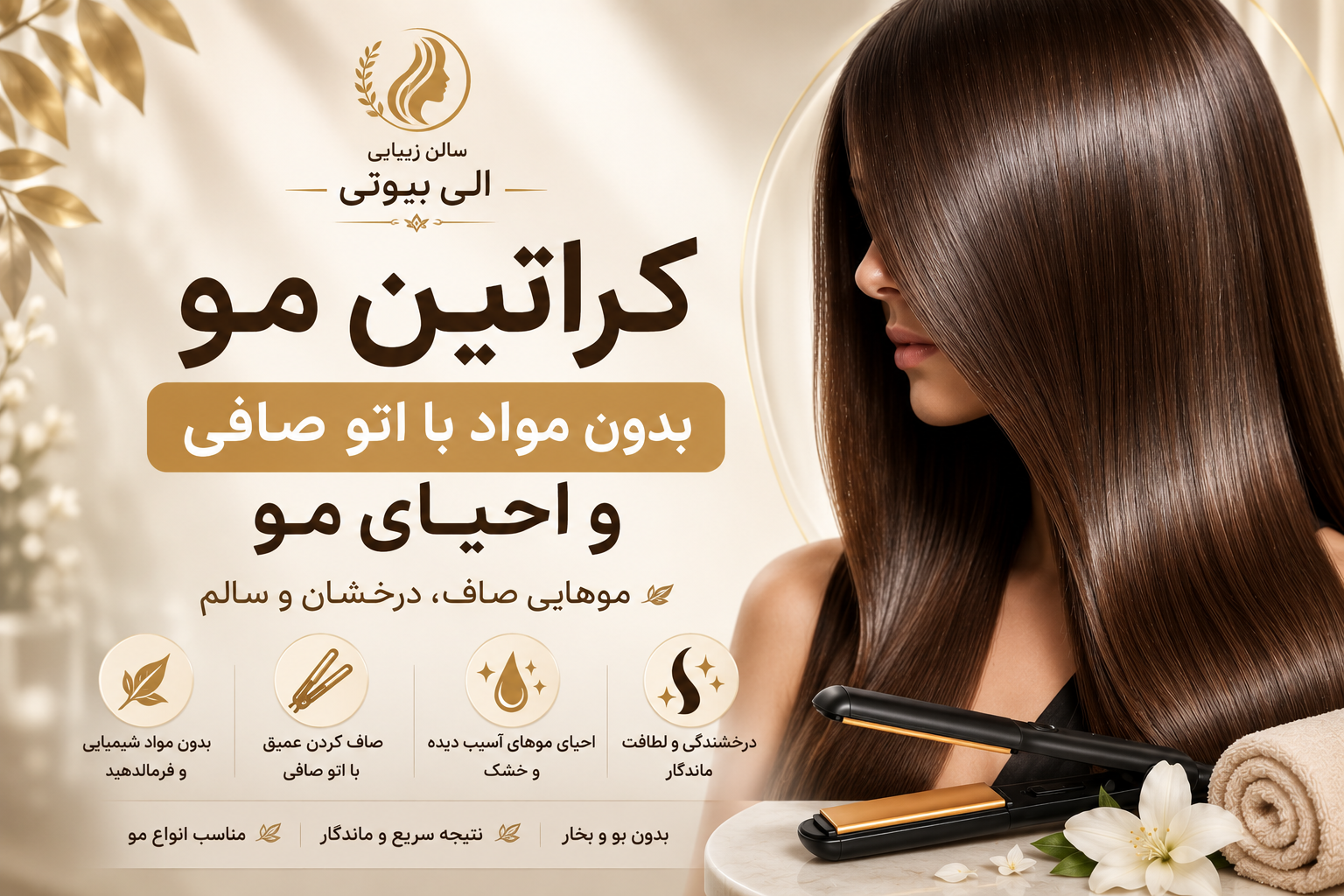 کراتین مو بدون مواد با اتو | صافی و احیای مو در سالن زیبایی الی بیوتی رشت 